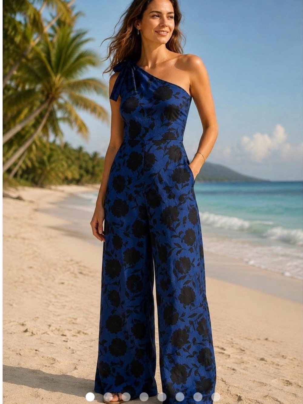 Kate Spade One-Shoulder Blue and Black Floral Wide-Leg Jumpsuit